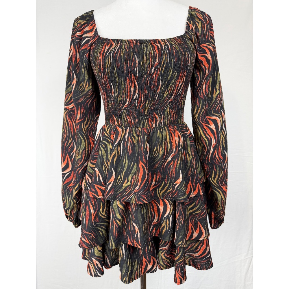 Entro Tiered Smocked Mini Dress Womens M Black Orange Abstract Tiger Print